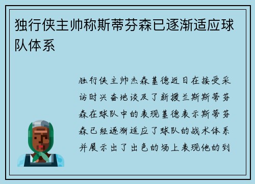 独行侠主帅称斯蒂芬森已逐渐适应球队体系