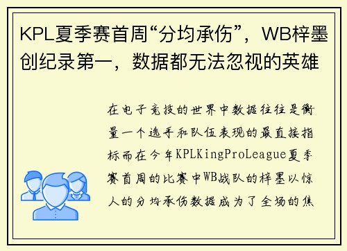 KPL夏季赛首周“分均承伤”，WB梓墨创纪录第一，数据都无法忽视的英雄
